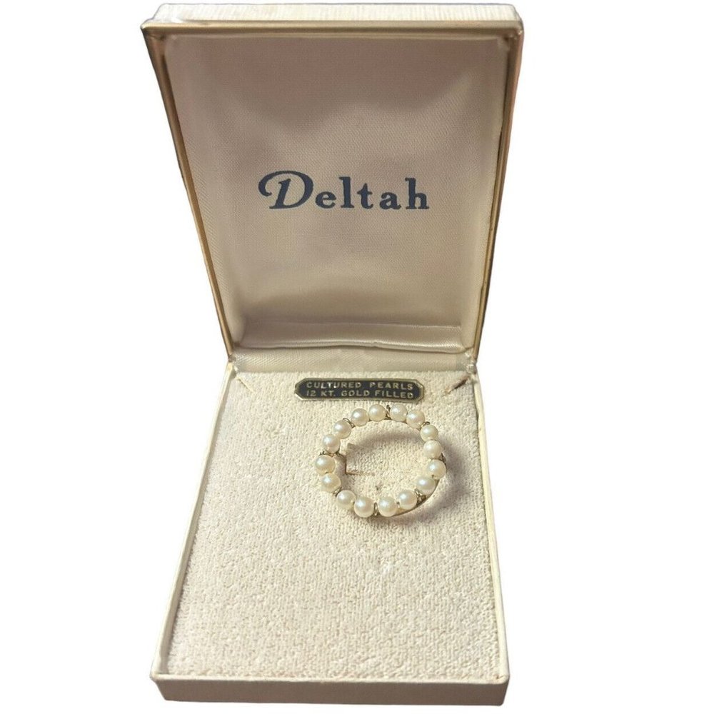Vintage Deltah Brooch Cultured Pearls 12k Gold Filled Round Original Box Include